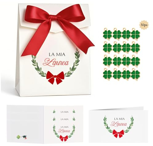 50pz Scatoline Portaconfetti Laurea Bomboniere+50 pz Bigliettini Bomboniere laurea+50 pz Ciondoli Quadrifoglio, Scatole Confetti Laurea Regalo con Nastro, Decorazione Festa Congratulazioni