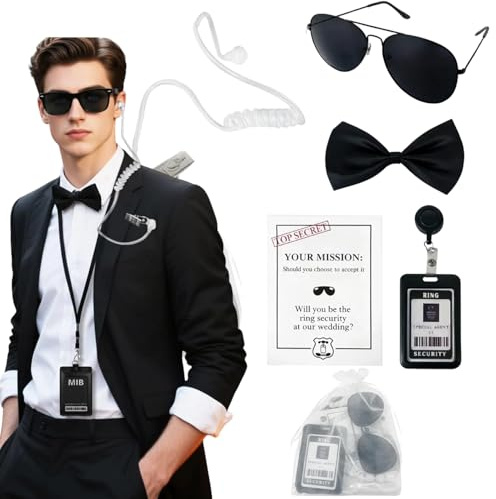 ZocRjvN Men In Black Kostüm 6-teiliges Set, Agentenkostüm für Herren,MIB Kostüm mit Zubehör, Geheimagent für Partys und Events, Kartenhalter für Männer Frauen,Karneval Rollenspiel