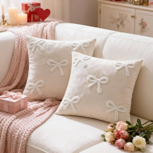 2 Stück Schleifen Kissenbezüge Weihnachten 45x45cm, Weicher Plüsch Weihnachtskissen Weihnachtsdeko Kissenbezug Kissenhülle Weihnachten mit Schleifen Deko für Wohnzimmer Schlafzimmer Couch Dekor (A)