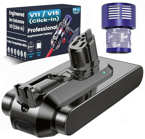 Batterie de Remplacement de Compatible avec Dyson V11 à Clipser, Ecovoltix Batterie pour V11, V15, SV15, SV16, SV22 et SV28 Aspirateurs (ne Convient Pas au modèle à Visser) avec Filtre