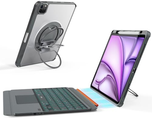 WIWU Tastatur Hülle für iPad Air 13 Pro 12,9 360° Ständer Magnetisch Grau | Abnehmbare Hülle mit Tastatur, Farbige Hintergrundbeleuchtung Tasten, Multi Touch Gesten Trackpad, Stifthalter, Tastenkürzel