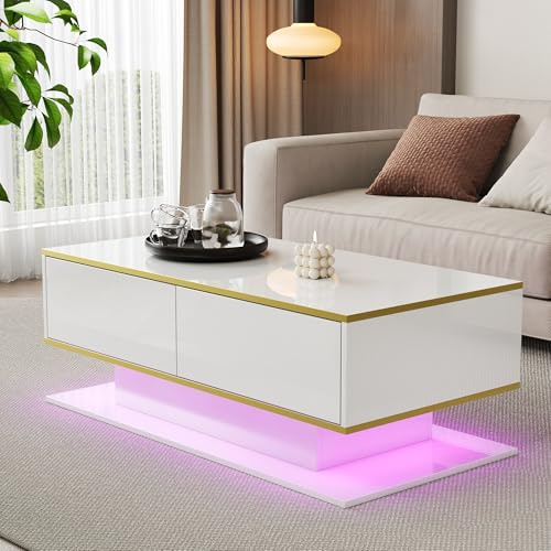 Merax LED High Gloss Coffee Table, Modern Living Room Table with LED Light Strip & USB,Drawers, Gold Accents, Storage Coffee Table with 3 Drawers & Open Shelf, white - 100x50x40cm