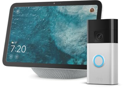 Amazon Echo Show 8 (ultimo modello), Bianco ghiaccio + Ring videocitofono a batteria (Battery Video Doorbell) (2024), Nickel Satinato