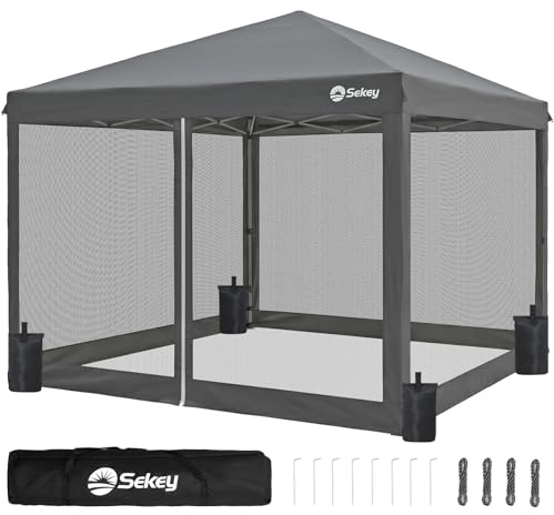 Sekey Pop Up Pavillon mit Moskitonetz Faltpavillon 3x3 Wasserdicht Stabil | Leicht & tragbar, wasserdichtes Dach, stabiles Gestell für Windfestigkeit, integriertes Moskitonetz, UV-Schutz 50+, Grau