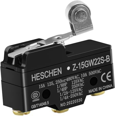 Heschen Microinterruptor, Z-15GW22S-B, palanca de rodillo de bisagra corta, terminal de 3 tornillos, corriente nominal 15A