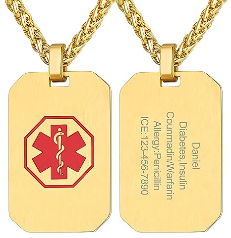 Supcare Collar Chapa Militar Acero Inoxidable 316L Hombre Colgante Personalizado Cruz Roja Medical Socorro Placa Dorada con Nombres Personalizados para Enfermos Ancianos