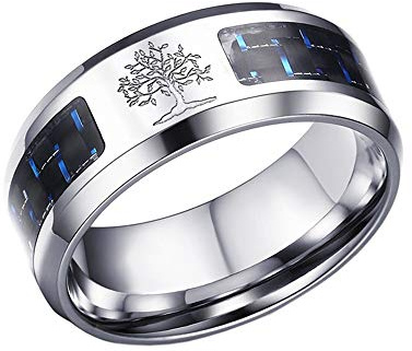 PAMTIER Hommes 8MM Arbre de La Vie Carbone Fibre Acier Inoxydable Bague Argent Tallie 67.5