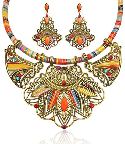 VALICLUD Vintage Bohemian Schmuck Set Boho Lätzchen Halskette Harz Ohrringe National Style Schmuck Statement