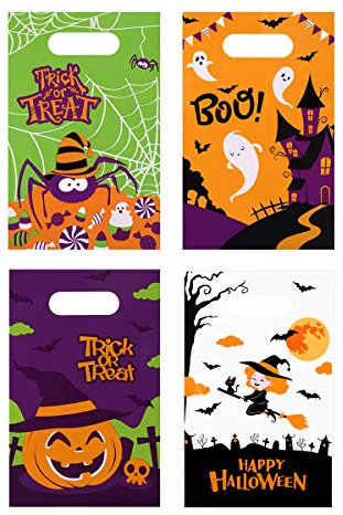 100 Stück Halloween Candy Taschen Plastik Tüten Süßes Oder Saures Taschen Geschenktüten Goodie Bags Partytüten Halloween Party Bevorzugt Taschen, Kürbis, Geist, Spinne (Je 25 Stück)