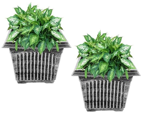 SG Plant Pot, Large Square Plastic Planter for Garden, Flower Pots with Drainage Holes for Indoor and Outdoor, Container for Houseplants, Blackish Silver & Gold wash,26cm,31cm,34cm(Pack of 2)