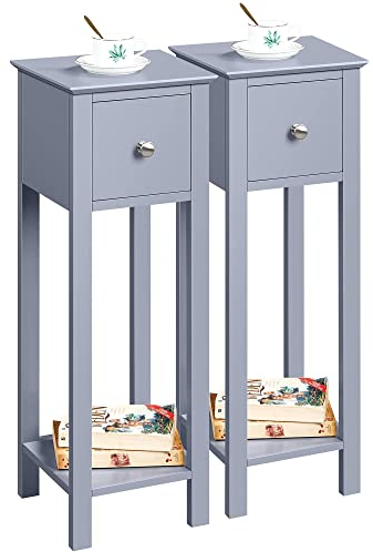 Yaheetech Grey Slim Bedside Table Set of 2 Nightstand with Drawer Tall Telephone Table Narrow Side Table for Hallway/Living Room/Bedroom, 25x25x70cm