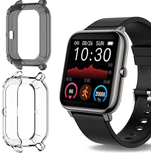 P22 Smartwatch Case, Giaogor Silicone Protective Case Cover Bumper Compatible with Donerton Smartwatch/KALINCO P22 / CanMixs P22 / Rinsmola 2021 P22 / Popglory P22 Smartwatch (2 pack-Black+Clear)