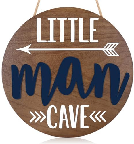 Letrero redondo de madera para puerta de niño pequeño, cueva de hombre, arte de pared, madera natural, dormitorio de bebé, sala de estar, decoración rústica de granja, color azul