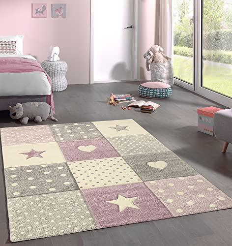 Mia's Teppiche Marie Kinderteppich, Teppich Kinderzimmer, Junge & Mädchen, Pastell, Modern, Kariert, Punkte, Herzen, Herzen-lila, 200x290 cm