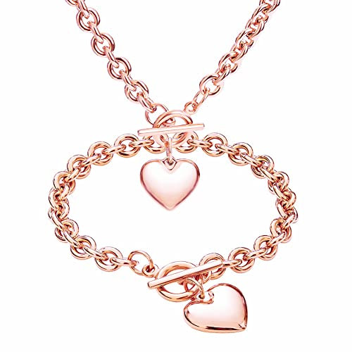 Silver 18k Gold Rose Gold Plated Charm Chunky Stainless Steel Chain Heart Toggle Choker Bracelet Necklace Set for Womens Girls Fashion Valentine Jewelry Set, Stainless Steel, stainless steel