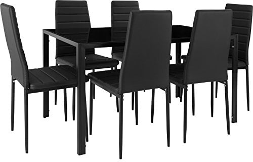 TecTake® Ensemble Table à Manger avec 6 chaises de Salle à Manger en Cuir synthétique Chaises Modernes Structure & Pieds en Acier Table Salle à Manger en Verre trempé pour Salon, Chambre, Cuisine