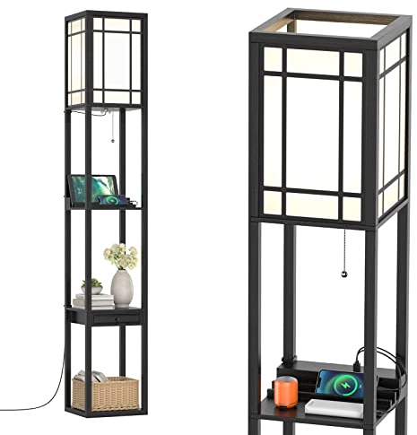 COSTWAY Stehlampe Wohnzimmer 160cm, E27R-A, mit 2 USB Anschlüsseln, 3 Ebenen Stehleuchte mit Schublade, Standleuchte Holz, Holzregal Innenbeleuchtung für Wohnzimmer & Schlafzimmer