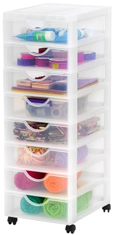 Iris Ohyama Kunststoff-Schubladenbox mit Rollen, 8 flachen Schubladen, Mattweiß, Griffe zum Ziehen, Für Schlafzimmer, Schule & Büro, BPA-frei, Schubladenschrank, Rollcontainer, A4 Drawer, DDDC-380