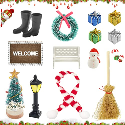 Shinybox Wichteltür Zubehör Set, 14 Stück Miniatur Wichtel Set mit Gartenbank, Schneemänner, Straße Licht, Stiefel, Teppich, Weihnachtsbaum, Besen, Weihnachtskranz, Geschenkbox, Weihnachten Deko