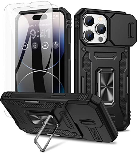 Maxdara for iPhone 14 Pro Max Case, with Slide Camera Cover & Built-in 360° Rotating Kickstand & Front Glass Screen Protector Protective Phone Case for iPhone 14 ProMax 6.7 inch, Black