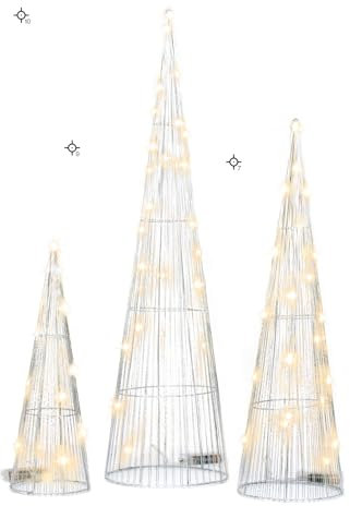 Christmas Village 3pc Light Up LED Christmas Glitter Tree Cones, Xmas Tinsel Cone Pyramids with LED Light for Home Decor Window Display