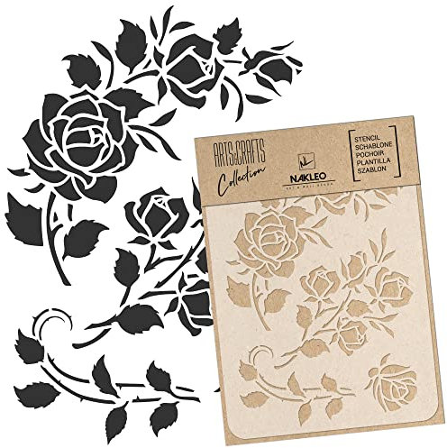 NAKLEO Malschablone für Handwerk A3 30x42cm, Rose Blume Natur Muster, Wiederverwendbare Kunststoff DIY & Scrapbooking Zeichenschablone, Decoupage Kunst Vorlage, Wand Stoff Möbel Holz