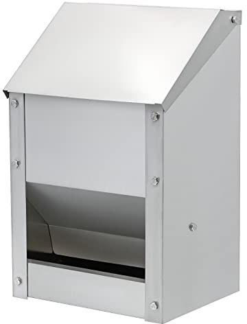MUALROUS 10L Mangeoires de Poulet en Acier Inoxydable sans Déchets Mangeoire Automatique à Volaille avec Couvercle Résistant Aux Intempéries Mangeoire à Volaille Murale Auge Poulailler Mangeoire