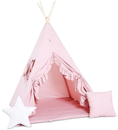 Rainbow Kids Tipi Zelt für Kinder | Baumwollsegeltuch Tippi Kinderzelt, Mehrere Muster und Farben mit und ohne Spielzubehör für Outdoor- und Indoor-Kinderspaß (Rosa Prinzessin, mit Zubehör (klein))