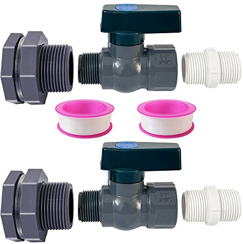 Voaesdk 2 Pack Rain Barrel Diverter Kit, 3/4 Inch PVC Garden Water Barrel Spigot Kit with Bulkhead Fitting Hose Faucet Adapter and Thread Seal Tape for Water Tanks,Aquariums,Tubs,Pools,Garden Barrels