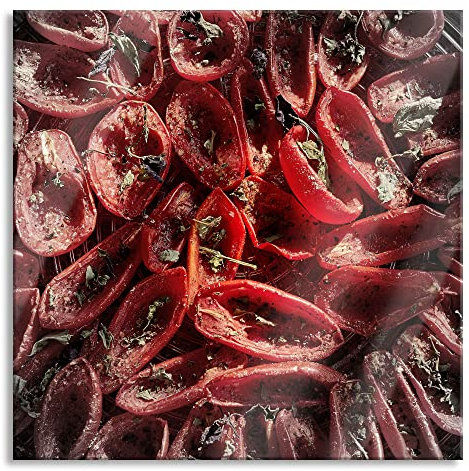 Pixxprint Glasbild, Wandbild auf Echtglas, Tomaten Olivenöl Kräuter, 50x50 cm, inkl. Aufhängung und Abstandshalter
