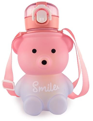 Kikuo 800 ml Cute Bear Shaped Water Bottle with Straw, Gradient Colorful Kawaii Bear Bottle with Strap, Leak-Proof Portable for Teens Girls School Travel Office (Pink Blue)