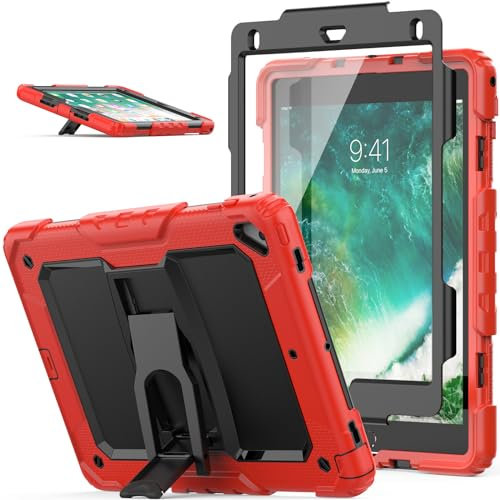 SEYMAC Stock Case for iPad 6th/5th Gen, Air 2, Pro 9.7 inch - 3-Layer Shockproof Case with Folding Stand/Screen Protector, Drop-Proof for iPad 9.7 inch, Red