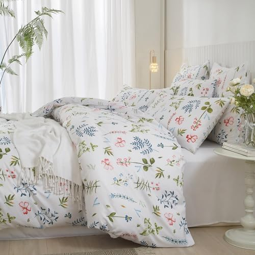 Luofanfei Blumen Bettwäsche 135x200 Weiß Grün Blau Blumenmuster Pflanzen Sommer Wende Bettwäsche Set Floral Bunt Microfaser Bettbezug Einzelbett und Kissenbezug 80x80 cm mit Reißverschluss