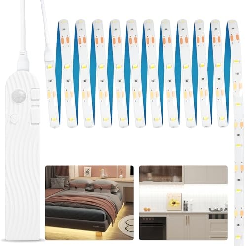 SOAIY LED Streifen dimmbar 3M Lichtband mit Bewegungsmelder 2200mAh USB C wiederaufladbar Schrankbeleuchtung 3 Lichtfarbe LED Band Unterbauleuchte für Küche Kleiderschrank Treppe Bett Schlafzimmer