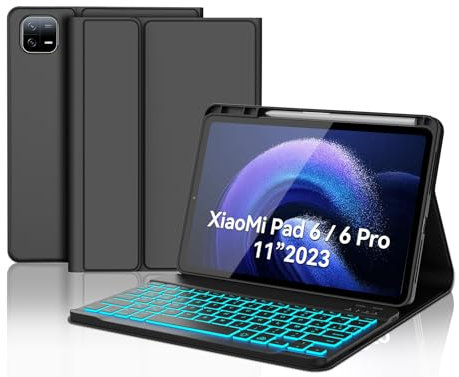 IVEOPPE Coque Clavier Xiaomi Pad 6 11, Rétroéclairage 7 Couleurs, Coque en Cuir avec Clavier Bluetooth Magnétique Amovible AZERTY Français pour Xiaomi Pad 6 / Pad 6 Pro 11 2023, Noir
