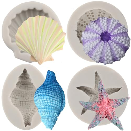 MYPRACS 4 Stück Muschel Silikonform Muschel Seestern Fondantformen Seeigel Süßigkeitsform zum Dekorieren von Kuchen Cupcake Topper Polymer Ton Schokoladen Gummipaste