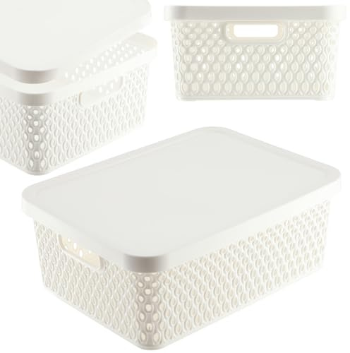 KADAX Aufbewahrungskorb, Korb mit Deckel, Aufbewahrungskiste, Aufbewahrungsbox aus Plastik, Moderner Regalkorb, Behälter mit Lüftungslöchern (12L, Weiß)
