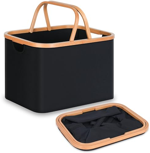 efluky Laundry Basket with Handles, 43L Foldable Laundry Baskets, Versatile Collapsible Washing Basket, Black Small Laundry Hamper for Toys, Blankets and Clothes, Shopping Bag