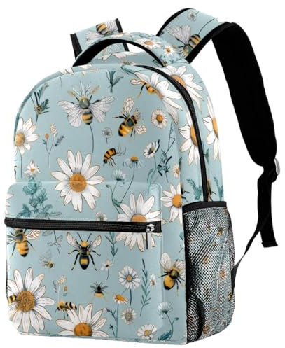 Bees and Daisies on Light Blue Background Travel Backpack for Adults, School Laptop Rucksack with Adjustable Strap