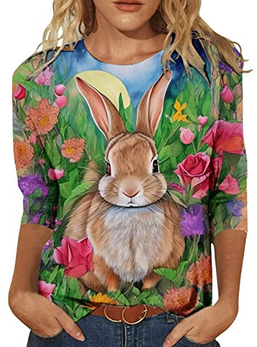 Crop Top Mujer Ofertas Blusa De Manga Cuartos con Cuello Y Estampado De Pascua para Mujer Camisetas Mujer Largas Camisetas Mujer Elegantes Tops Basicos Mujer Camisa Mujer Blan Sudadera Lila Ofertas