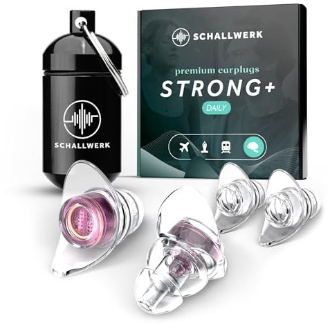 Schallwerk ® Strong+ Daily - unauffällige Gehörschutz Ohrstöpsel – dämpfen Lärm & erhalten Tonqualität – Ohrenstöpsel transparent - Earplugs geeignet für Musik, Alltag, Arbeit & Lernen