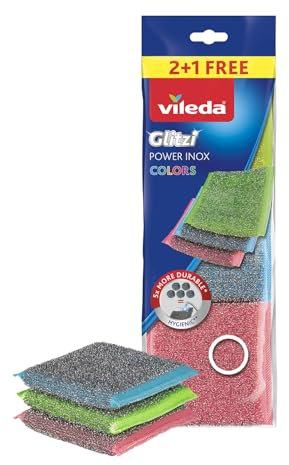Vileda Glitzi Power-Inox Colors Schwamm, farbige Schwämme, Außenseite aus Edelstahl, sehr hygienisch, außergewöhnliche Reinigung, langlebig und robust, entfernt Schmutz und Rückstände