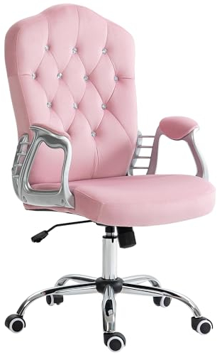 HOMCOM Bürostuhl, Ergonomisch Schreibtischstuhl mit Wippfunktion, Drehfunktion, Höhenverstellbar Computerstuhl mit funkelnden Kristallknöpfen, Samtoptik, für Home Office, Rosa