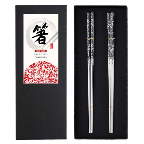DONGDA 2 Paires Couple Baguettes, Réutilisables Baguettes en Acier Inoxydable, Ensemble de Baguettes Japonaises Baguettes Chinoises Baguettes Lavables au Lave Vaisselle pour Cuisine Hôtel Restaurant