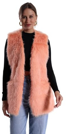 FunnyCos Damen Faux Kaninchenfell Weste Jacke Mantel Winter V-Ausschnitt Ärmellos Flauschig Warm Kunstpelz Mit Taschen, Korallenrot, L Tall