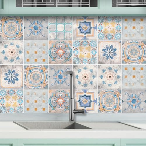 AREDE 32 x Feuilles Mural Stickers Carrelage 2D Imperméables Carreau de Ciment Adhesif, Autocollants Carreaux Dosseret pour Cuisine, Salle de Bain la Décoration à la Maison / 15 x 15 cm / T1063