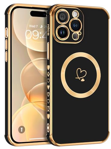 Telaso Magnetische Hülle für iPhone 14 Pro Max, Handyhülle für iPhone 14 Pro Max Niedliches Herz Muster [ Kompatibel mit MagSafe ] Weiche Plattierung Abdeckung für Frauen, Schutz der Kamera, Schwarz