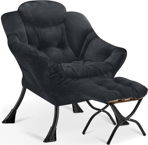 Armchair Living Room Comfy Armchair Reading Chair with Footstool Lazy Accent Chairs Bedroom Cuddle Chairs, for Living Room Bedroom Study Room Office, Black