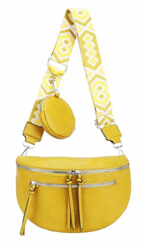 ITALYSHOP24 Damen Tasche Umhängetasche Brusttasche Muster Gürtel Bauchtasche Crossbody Gürteltasche Hüfttasche Crossover Bodybag Schultertasche Handytasche Leder Optik Gelb M