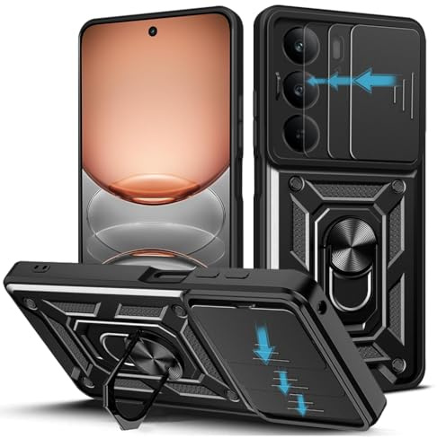 Loyhee Funda para Realme C75 4G / 5G / Realme 14x 5G, Protección de la Cámara Carcasa con Cubierta de Cámara Deslizante y Soporte de Anill PC Dura y TPU Silicone Anti-Choque Case – Negro